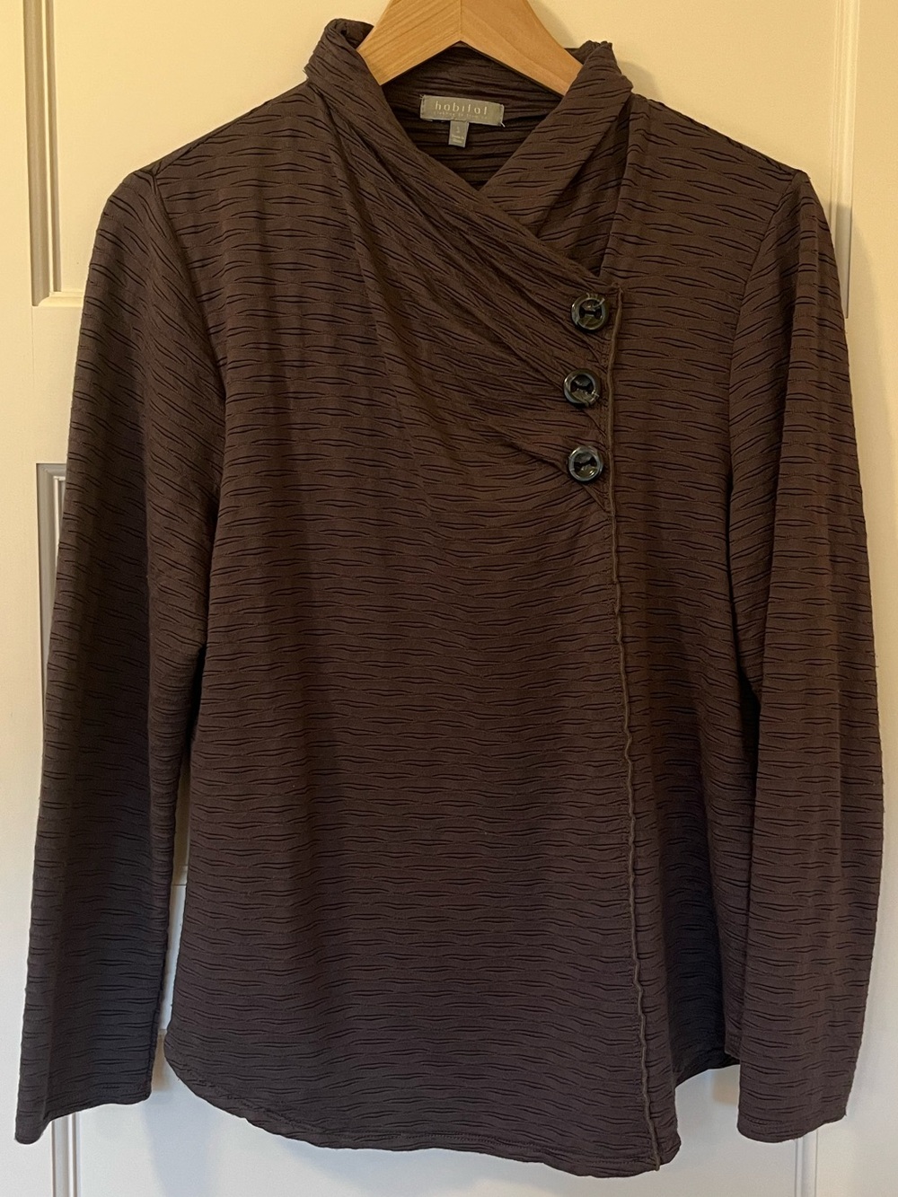 Habitat • Blurred Lines Textured Top • Brown • Asymmetrical Cowl Neck • Small